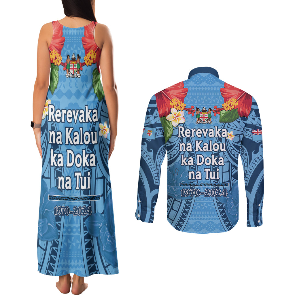 Fiji Day Couples Matching Tank Maxi Dress and Long Sleeve Button Shirt Happy 54 Years Of Independence Tapa Pattern Blue
