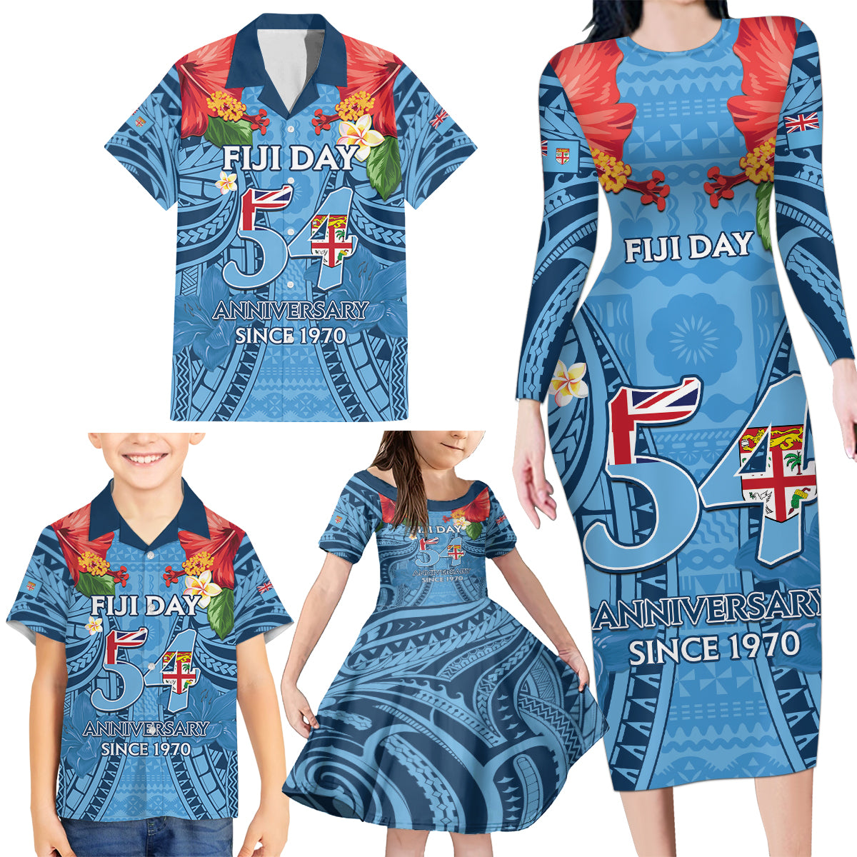 Fiji Day Family Matching Long Sleeve Bodycon Dress and Hawaiian Shirt Happy 54 Years Of Independence Tapa Pattern Blue