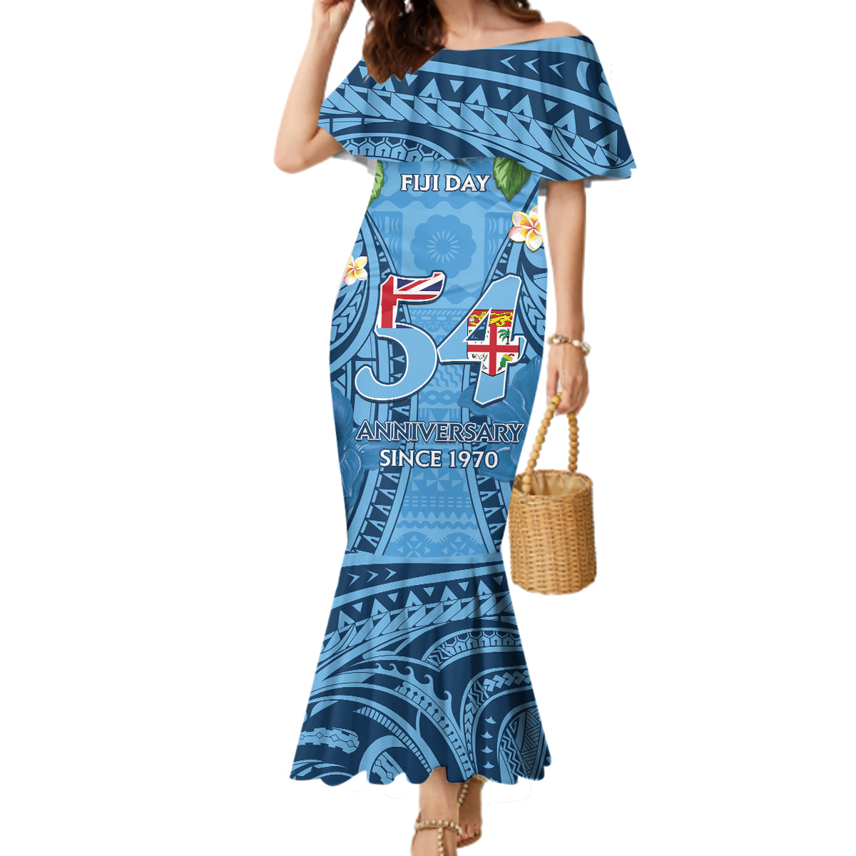 Fiji Day Family Matching Mermaid Dress and Hawaiian Shirt Happy 54 Years Of Independence Tapa Pattern Blue