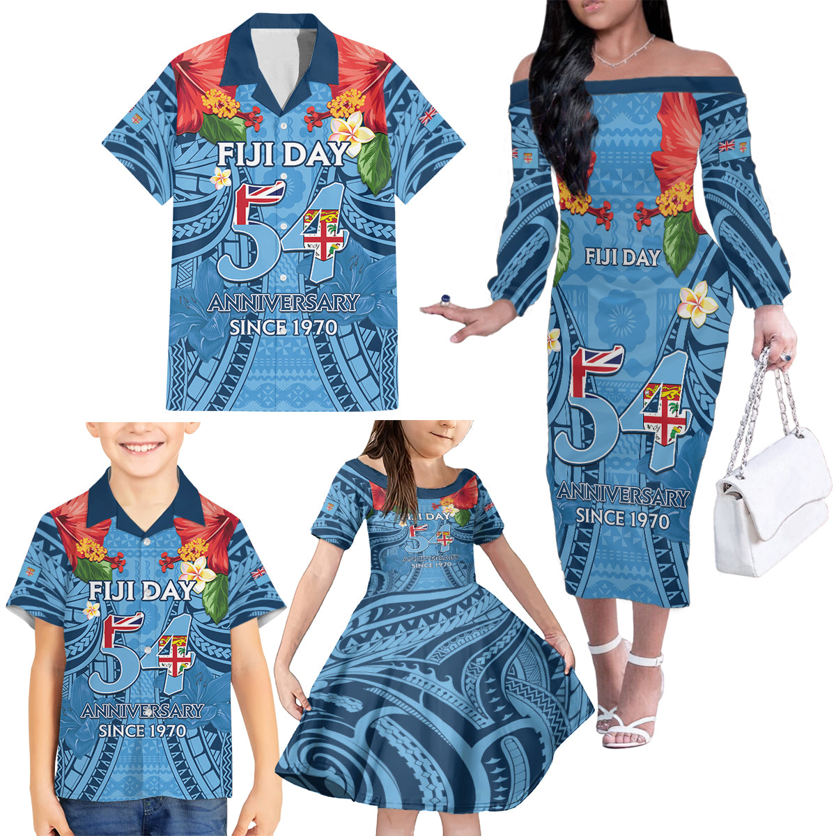 Fiji Day Family Matching Off The Shoulder Long Sleeve Dress and Hawaiian Shirt Happy 54 Years Of Independence Tapa Pattern Blue