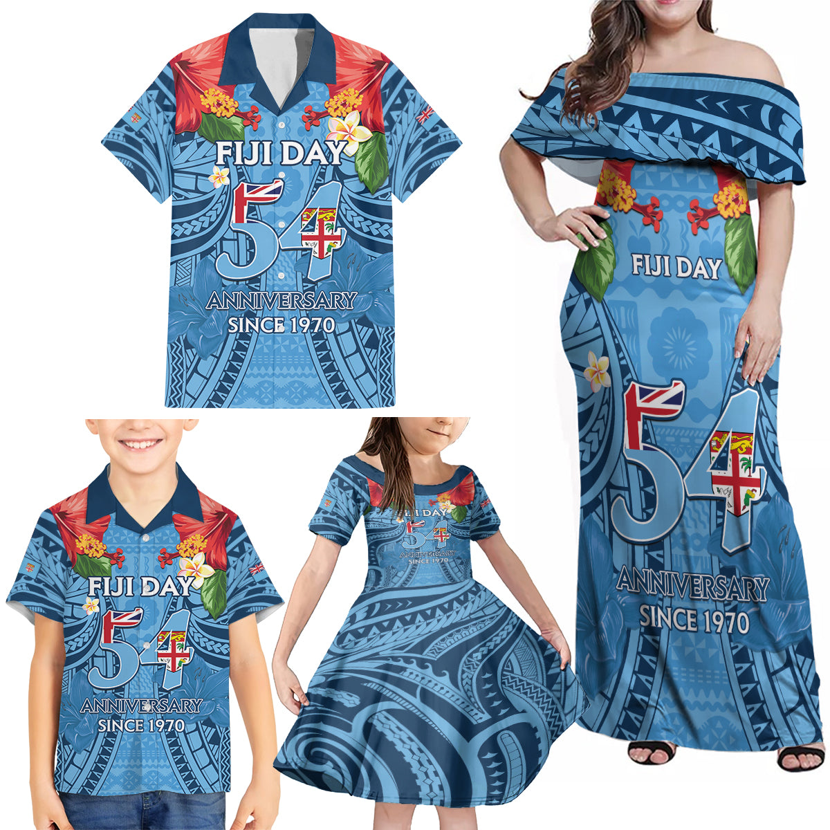 Fiji Day Family Matching Off Shoulder Maxi Dress and Hawaiian Shirt Happy 54 Years Of Independence Tapa Pattern Blue