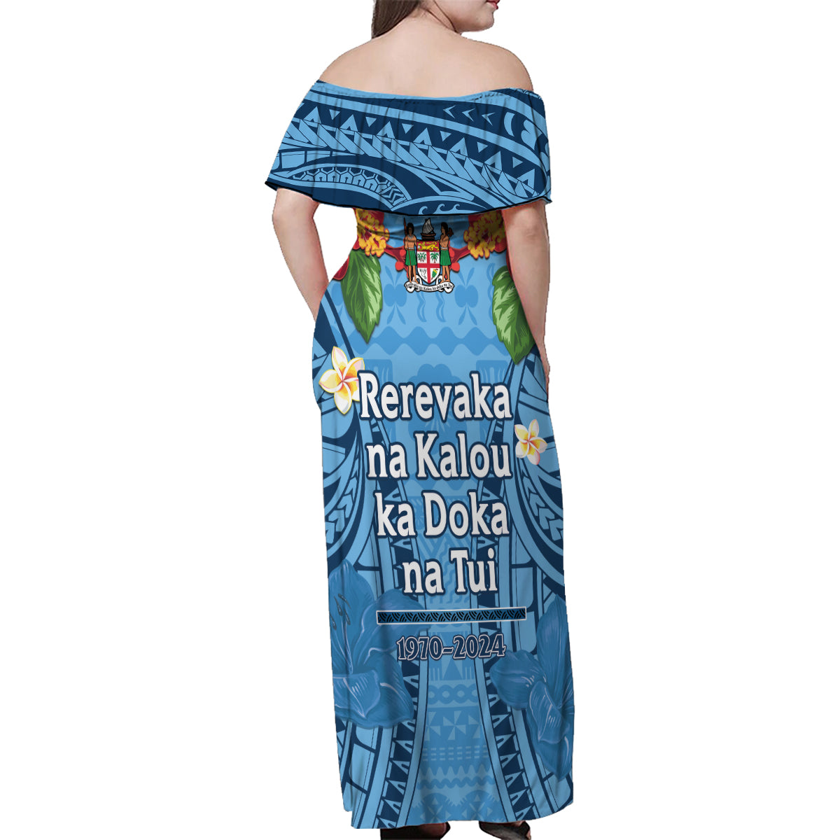 Fiji Day Family Matching Off Shoulder Maxi Dress and Hawaiian Shirt Happy 54 Years Of Independence Tapa Pattern Blue