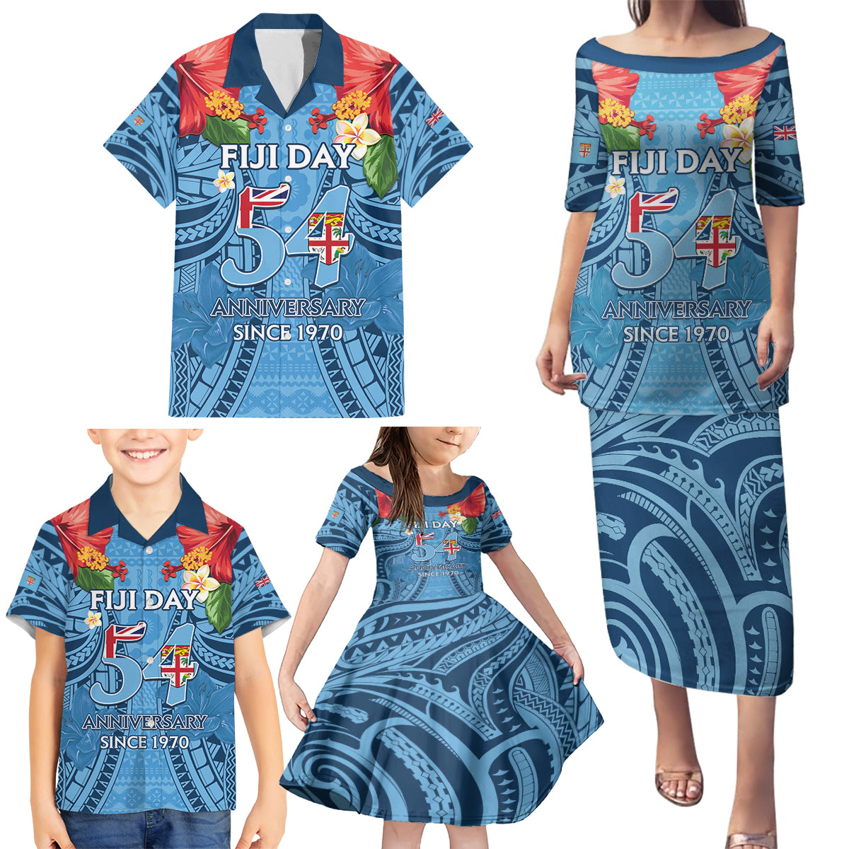 Fiji Day Family Matching Puletasi and Hawaiian Shirt Happy 54 Years Of Independence Tapa Pattern Blue