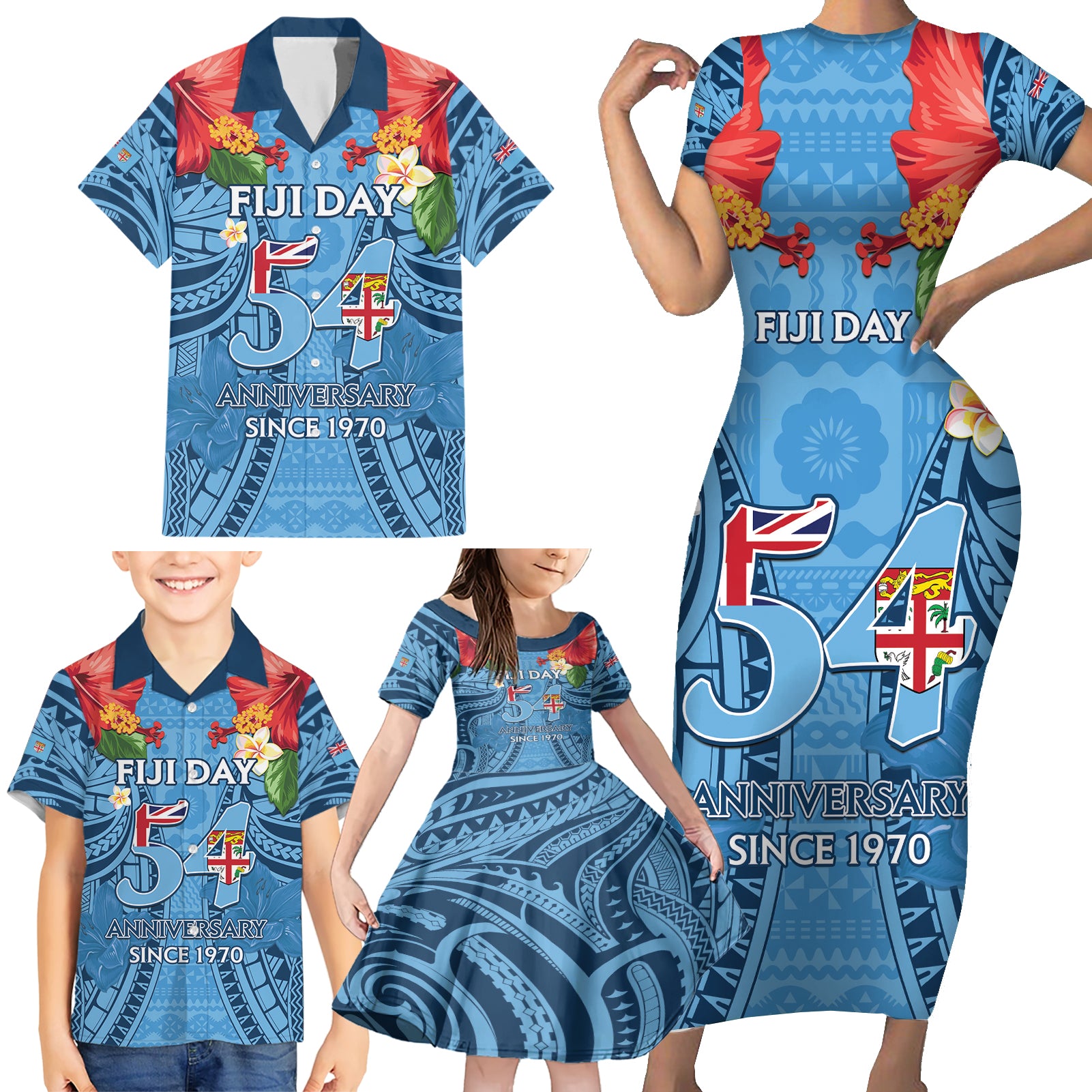 Fiji Day Family Matching Short Sleeve Bodycon Dress and Hawaiian Shirt Happy 54 Years Of Independence Tapa Pattern Blue