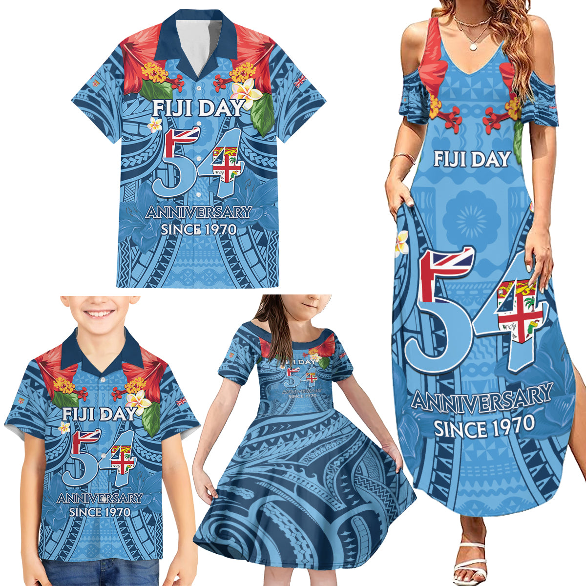 Fiji Day Family Matching Summer Maxi Dress and Hawaiian Shirt Happy 54 Years Of Independence Tapa Pattern Blue