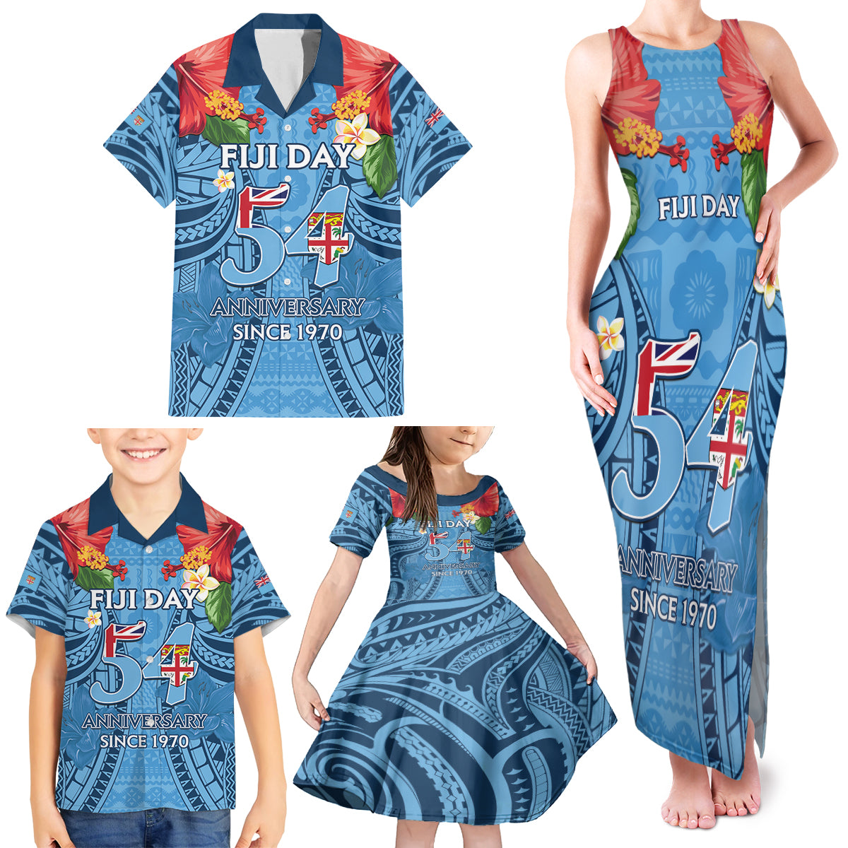 Fiji Day Family Matching Tank Maxi Dress and Hawaiian Shirt Happy 54 Years Of Independence Tapa Pattern Blue