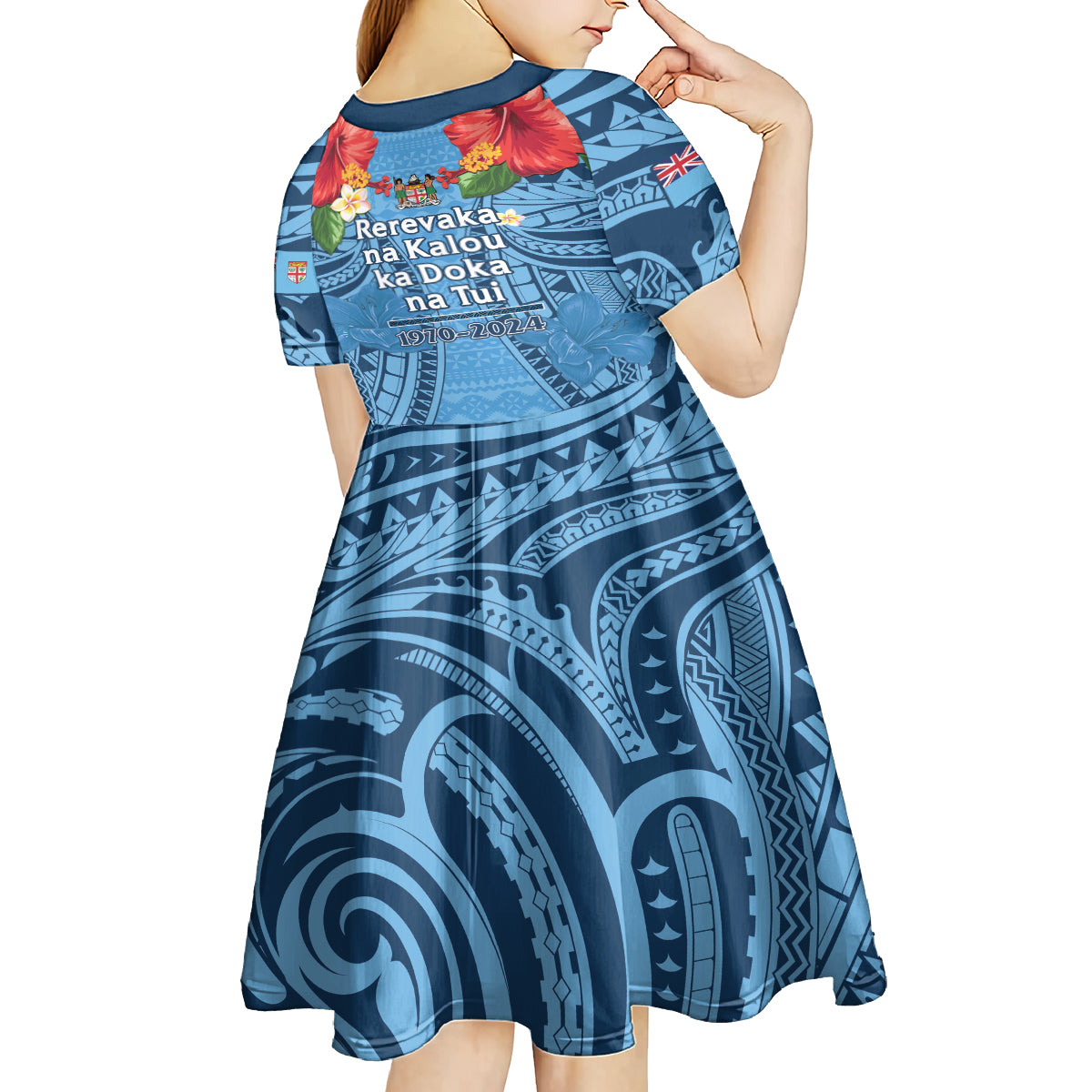 Fiji Day Kid Short Sleeve Dress Happy 54 Years Of Independence Tapa Pattern Blue