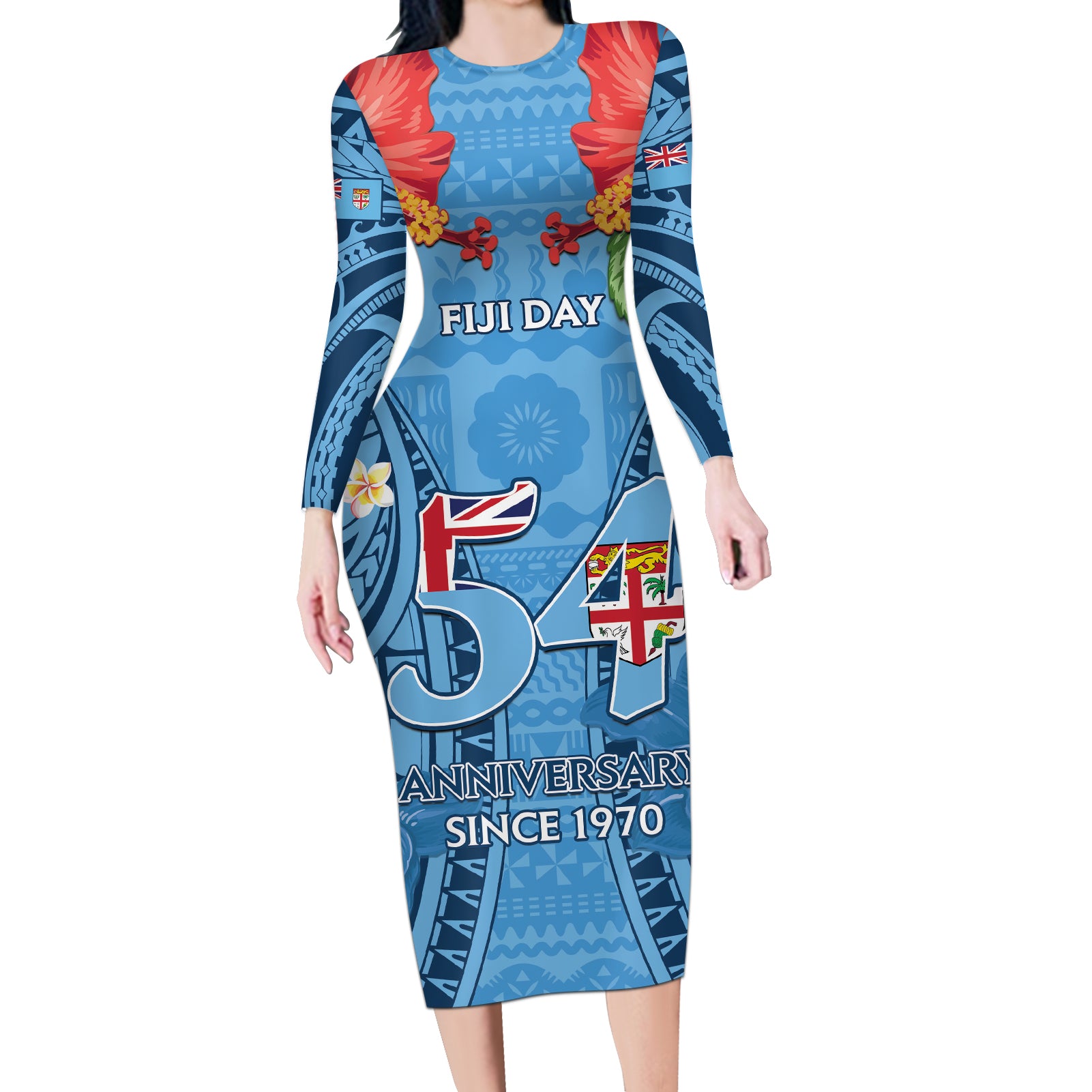 Fiji Day Long Sleeve Bodycon Dress Happy 54 Years Of Independence Tapa Pattern Blue