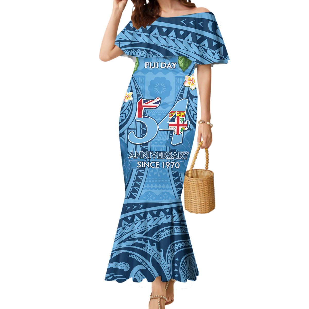 Fiji Day Mermaid Dress Happy 54 Years Of Independence Tapa Pattern Blue