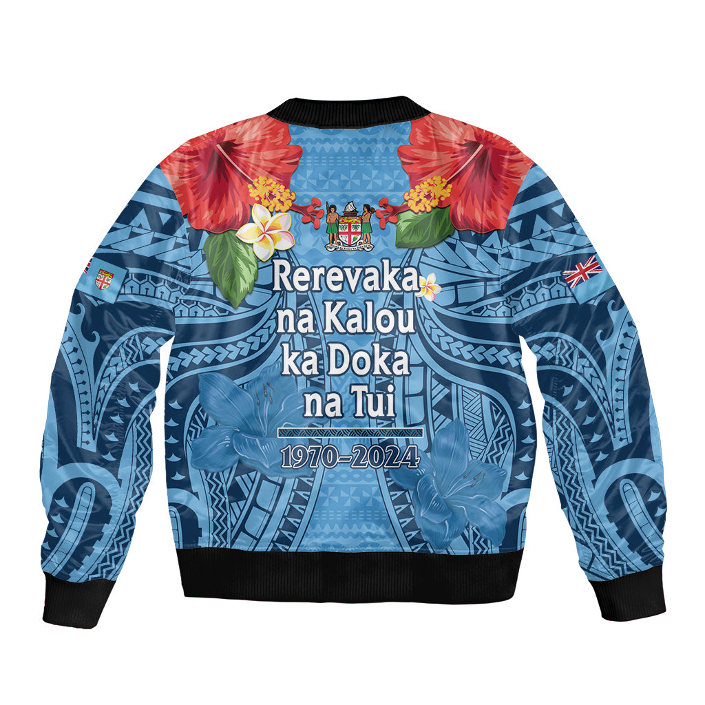 Fiji Day Sleeve Zip Bomber Jacket Happy 54 Years Of Independence Tapa Pattern Blue