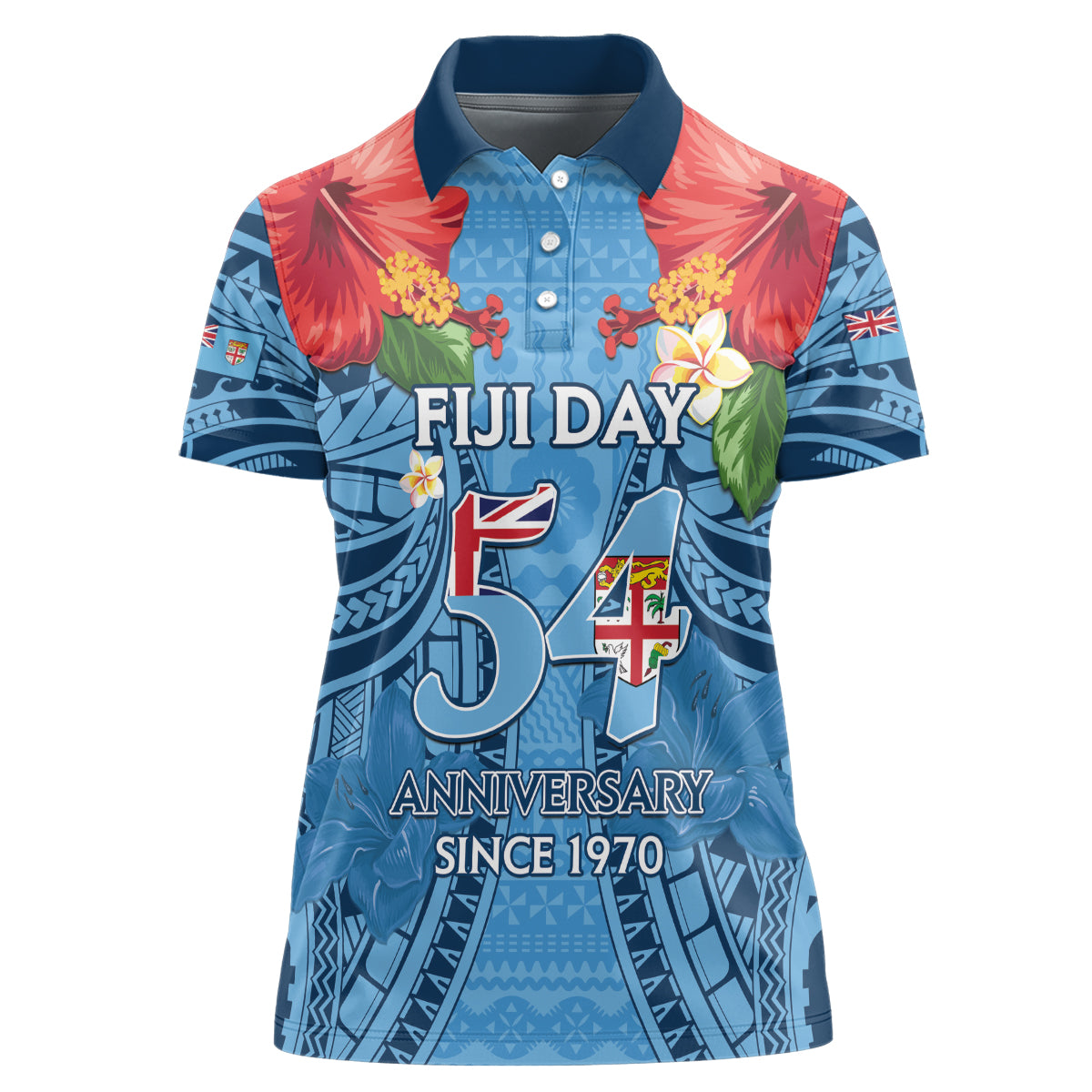 Fiji Day Women Polo Shirt Happy 54 Years Of Independence Tapa Pattern Blue