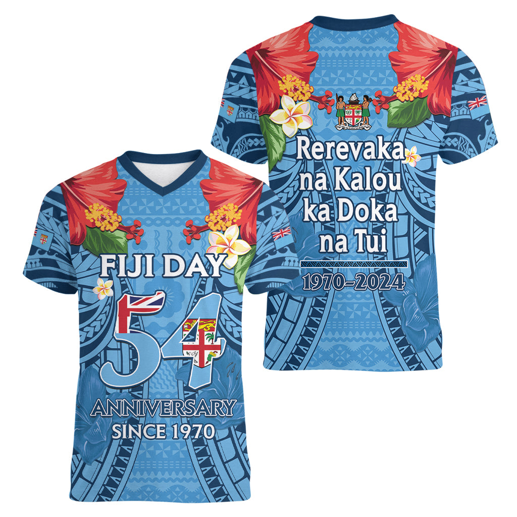 Fiji Day Women V-Neck T-Shirt Happy 54 Years Of Independence Tapa Pattern Blue