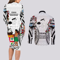 Fiji Day Couples Matching Long Sleeve Bodycon Dress and Long Sleeve Button Shirt Happy 54 Years Of Independence Tapa Pattern White
