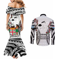 Fiji Day Couples Matching Mermaid Dress and Long Sleeve Button Shirt Happy 54 Years Of Independence Tapa Pattern White