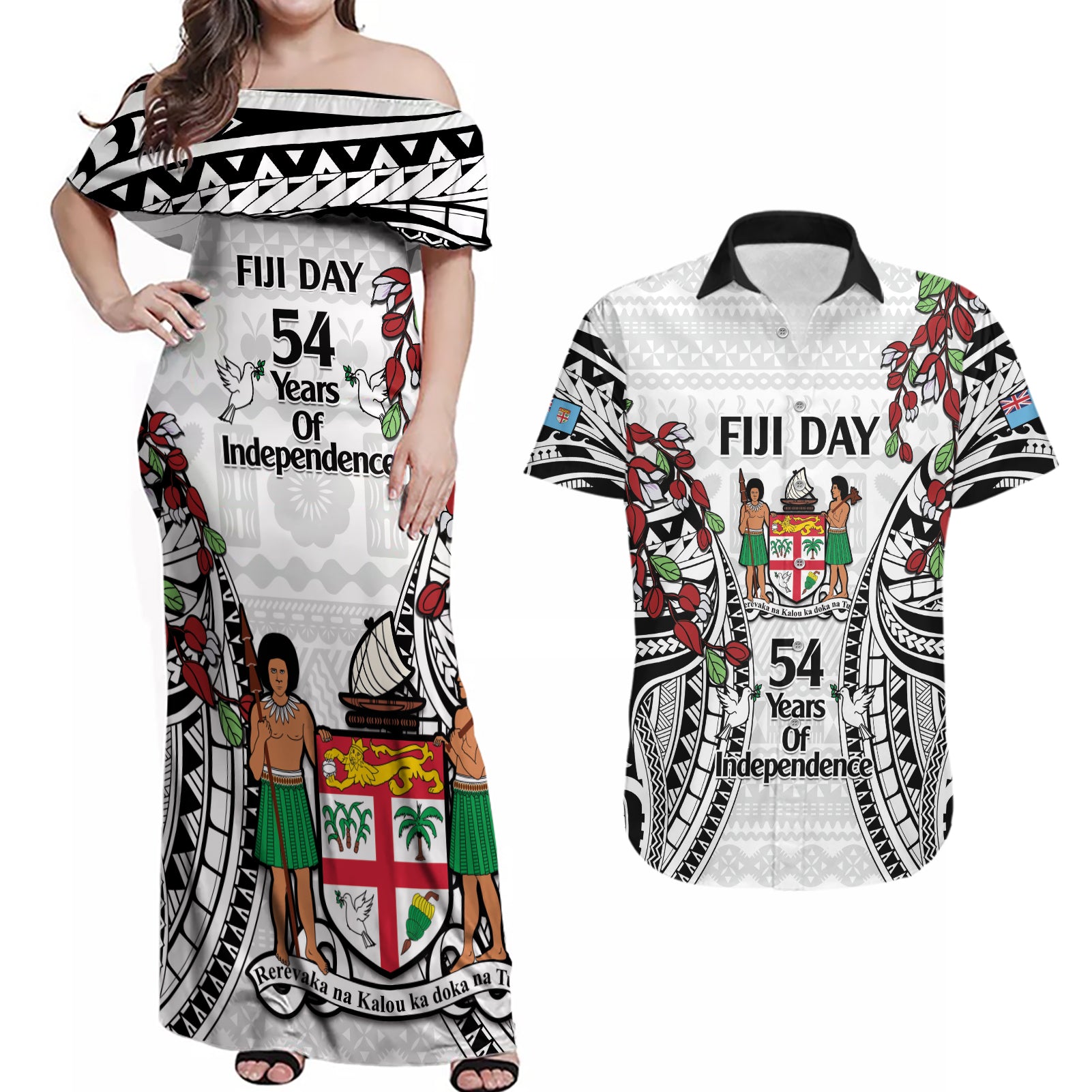 Fiji Day Couples Matching Off Shoulder Maxi Dress and Hawaiian Shirt Happy 54 Years Of Independence Tapa Pattern White