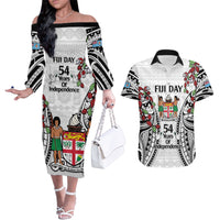 Fiji Day Couples Matching Off The Shoulder Long Sleeve Dress and Hawaiian Shirt Happy 54 Years Of Independence Tapa Pattern White