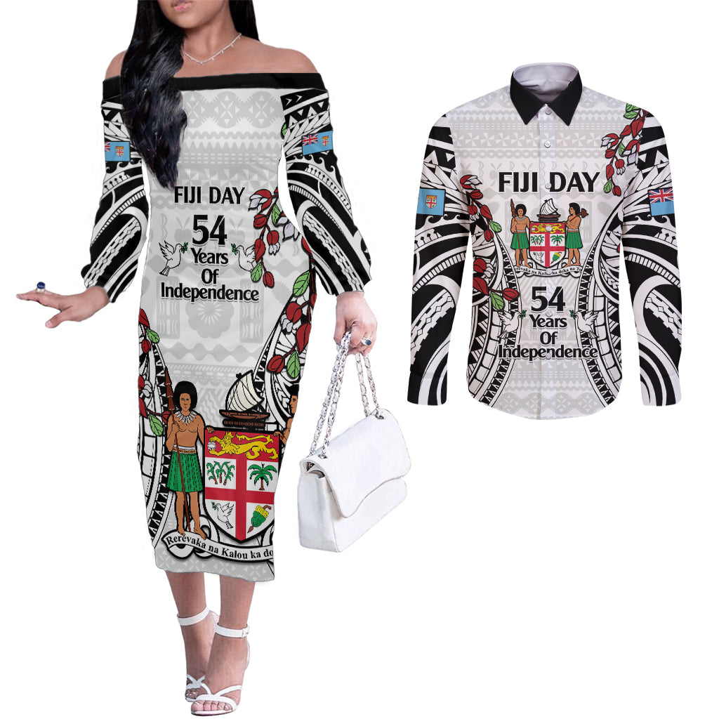 Fiji Day Couples Matching Off The Shoulder Long Sleeve Dress and Long Sleeve Button Shirt Happy 54 Years Of Independence Tapa Pattern White