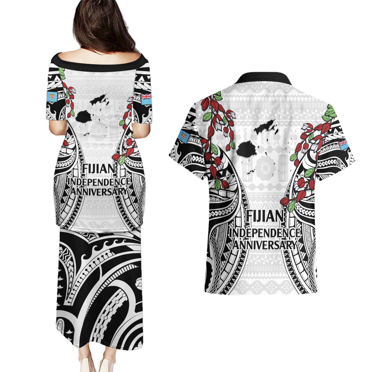 Fiji Day Couples Matching Puletasi and Hawaiian Shirt Happy 54 Years Of Independence Tapa Pattern White