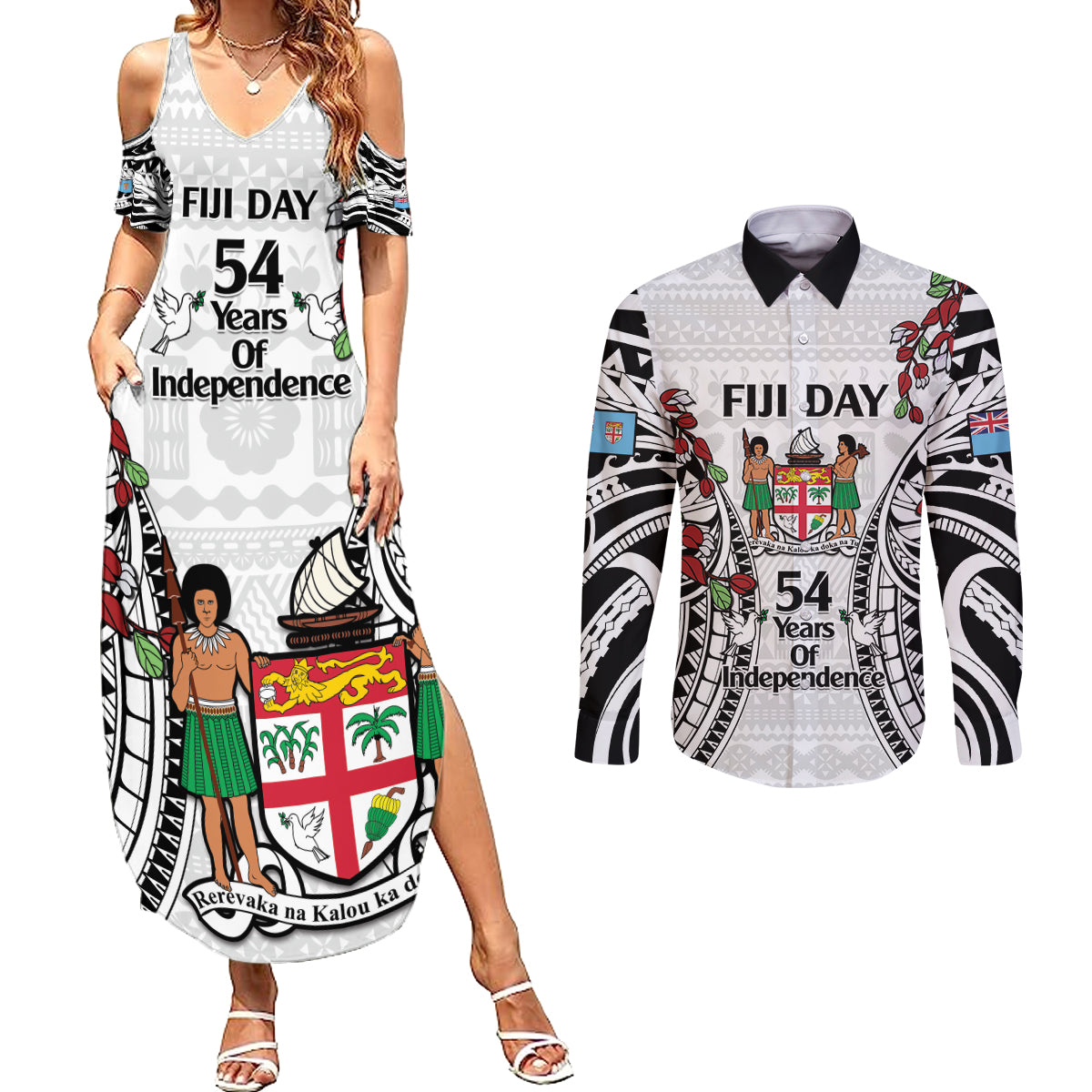 Fiji Day Couples Matching Summer Maxi Dress and Long Sleeve Button Shirt Happy 54 Years Of Independence Tapa Pattern White