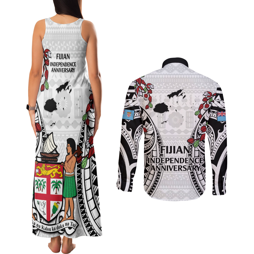Fiji Day Couples Matching Tank Maxi Dress and Long Sleeve Button Shirt Happy 54 Years Of Independence Tapa Pattern White