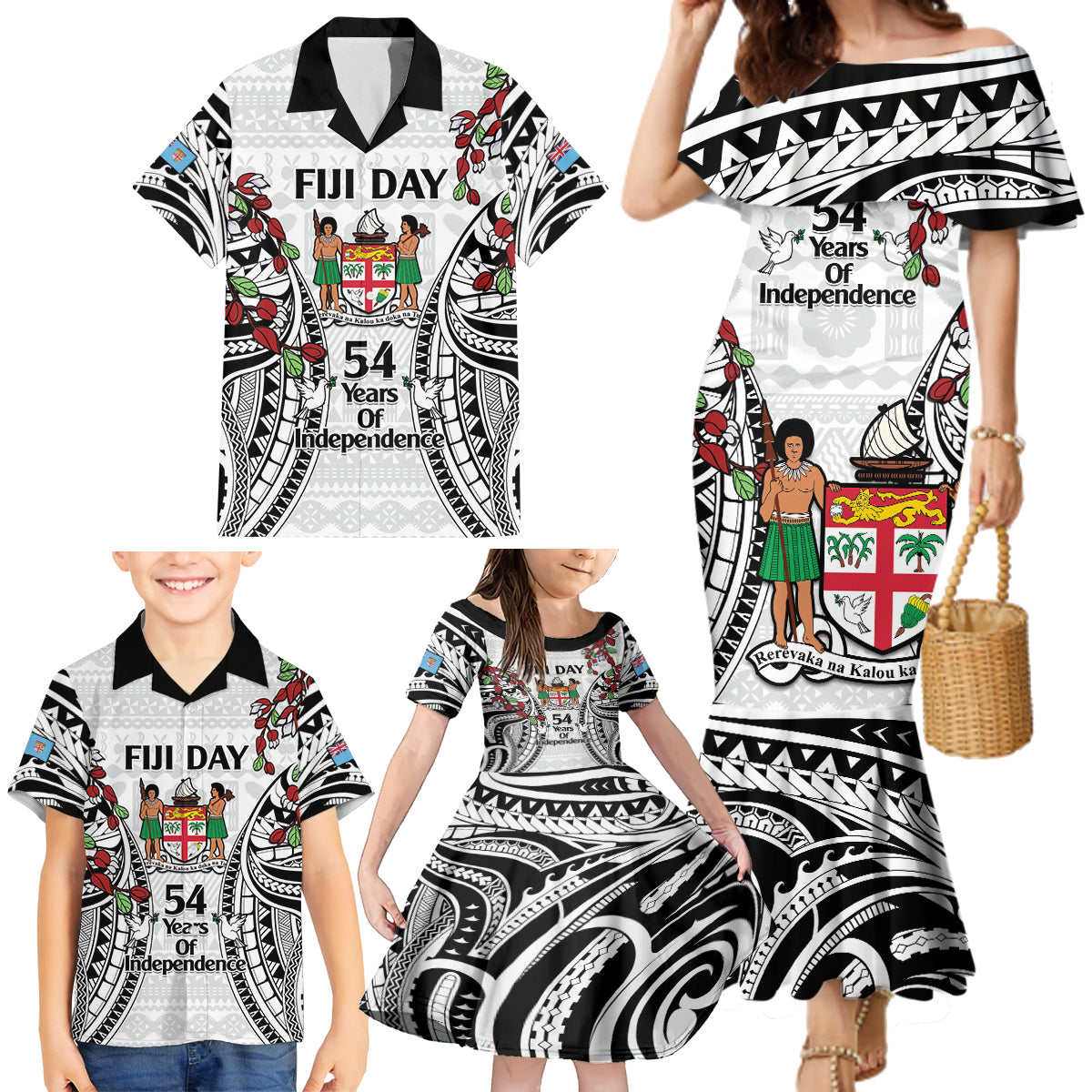 Fiji Day Family Matching Mermaid Dress and Hawaiian Shirt Happy 54 Years Of Independence Tapa Pattern White