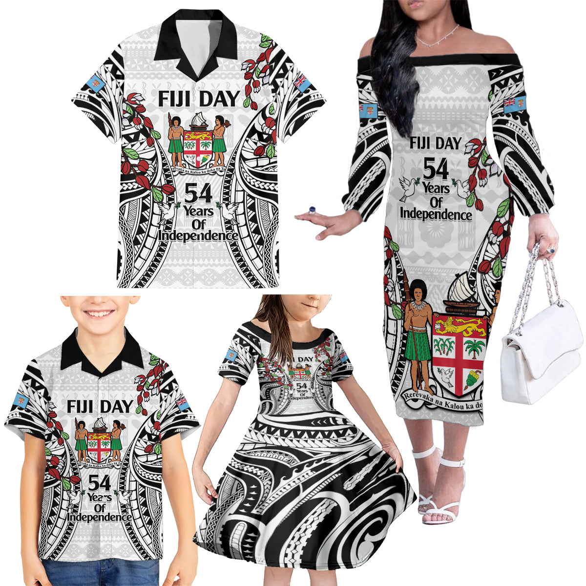 Fiji Day Family Matching Off The Shoulder Long Sleeve Dress and Hawaiian Shirt Happy 54 Years Of Independence Tapa Pattern White