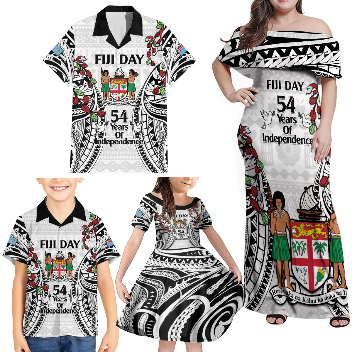 Fiji Day Family Matching Off Shoulder Maxi Dress and Hawaiian Shirt Happy 54 Years Of Independence Tapa Pattern White