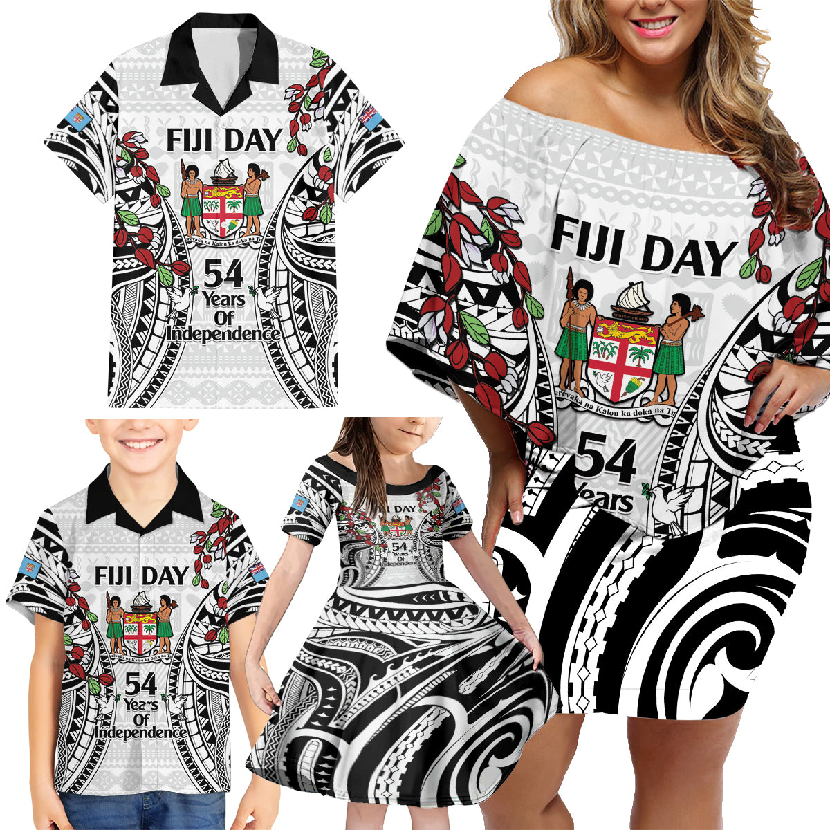 Fiji Day Family Matching Off Shoulder Short Dress and Hawaiian Shirt Happy 54 Years Of Independence Tapa Pattern White