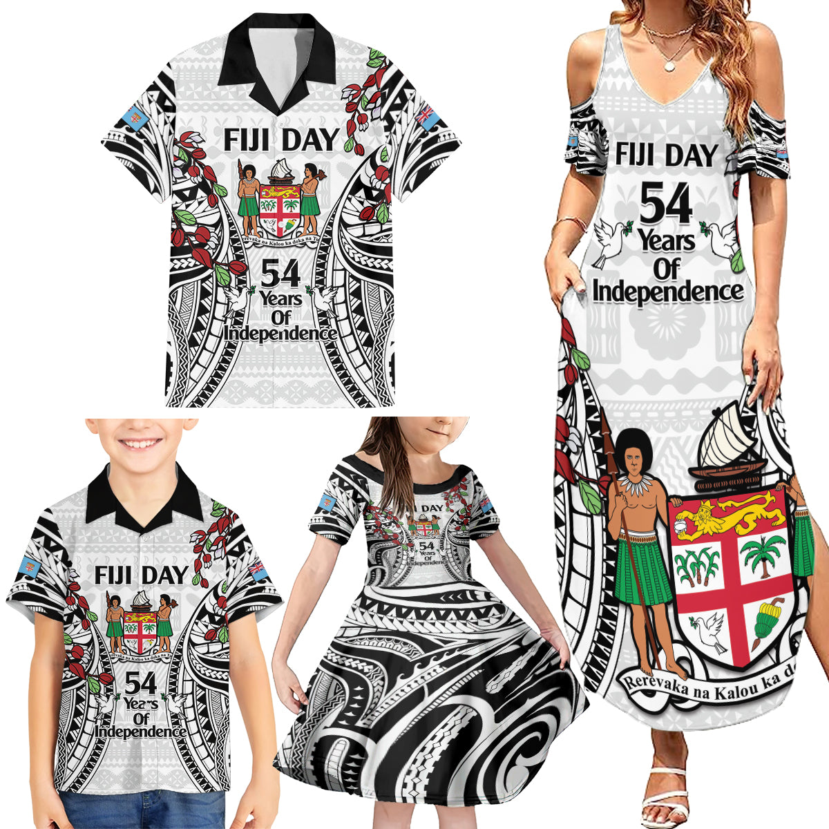 Fiji Day Family Matching Summer Maxi Dress and Hawaiian Shirt Happy 54 Years Of Independence Tapa Pattern White