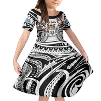 Fiji Day Kid Short Sleeve Dress Happy 54 Years Of Independence Tapa Pattern White