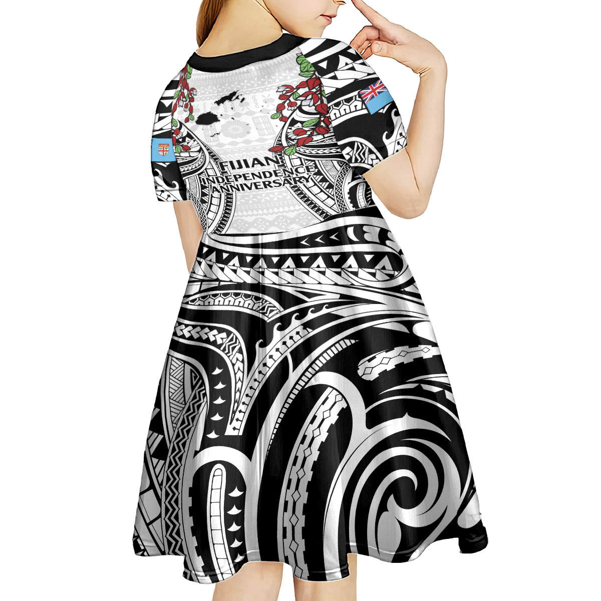 Fiji Day Kid Short Sleeve Dress Happy 54 Years Of Independence Tapa Pattern White