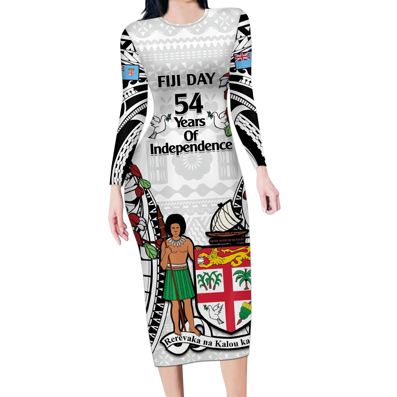 Fiji Day Long Sleeve Bodycon Dress Happy 54 Years Of Independence Tapa Pattern White