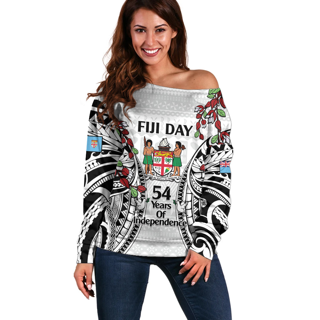 Fiji Day Off Shoulder Sweater Happy 54 Years Of Independence Tapa Pattern White