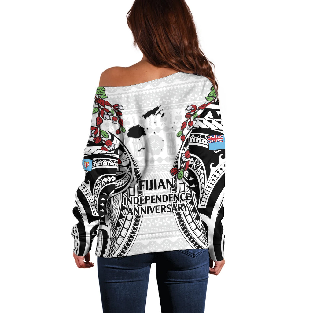 Fiji Day Off Shoulder Sweater Happy 54 Years Of Independence Tapa Pattern White
