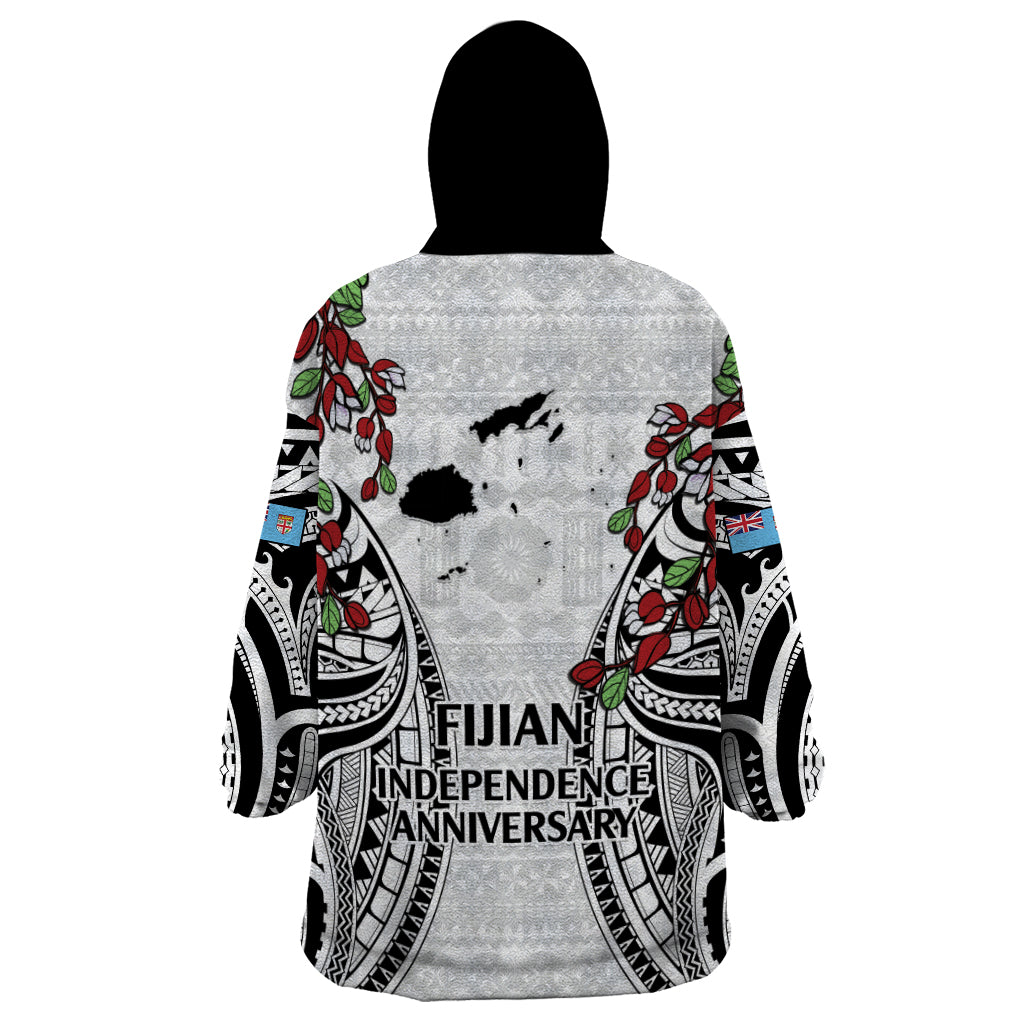 Fiji Day Wearable Blanket Hoodie Happy 54 Years Of Independence Tapa Pattern White