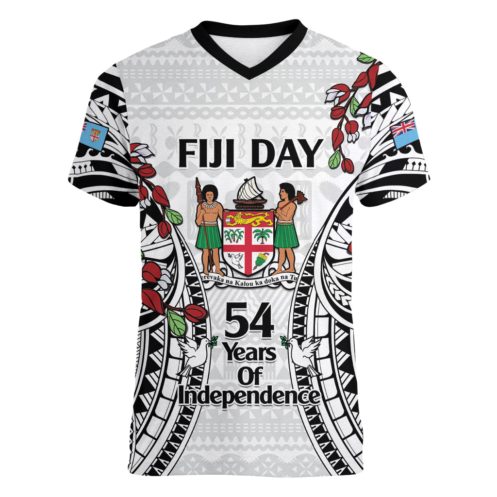 Fiji Day Women V-Neck T-Shirt Happy 54 Years Of Independence Tapa Pattern White