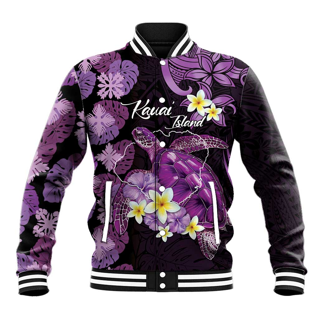 Personalised Aloha Hawaii Kauai Island Baseball Jacket Garden Isle Map Sea Turtle Plumeria LT14 Unisex Purple - Polynesian Pride