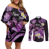 Personalised Aloha Hawaii Kauai Island Couples Matching Off Shoulder Short Dress and Long Sleeve Button Shirt Garden Isle Map Sea Turtle Plumeria