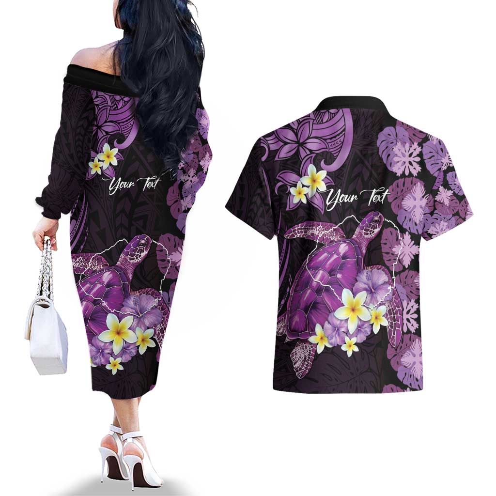 Personalised Aloha Hawaii Kauai Island Couples Matching Off The Shoulder Long Sleeve Dress and Hawaiian Shirt Garden Isle Map Sea Turtle Plumeria