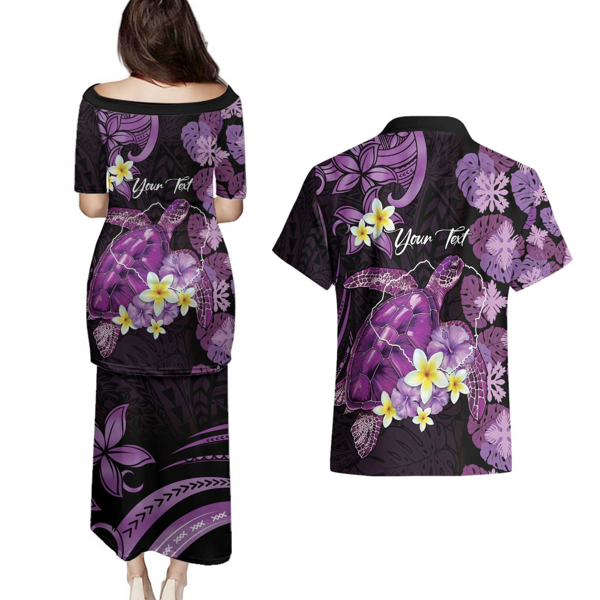 Personalised Aloha Hawaii Kauai Island Couples Matching Puletasi and Hawaiian Shirt Garden Isle Map Sea Turtle Plumeria