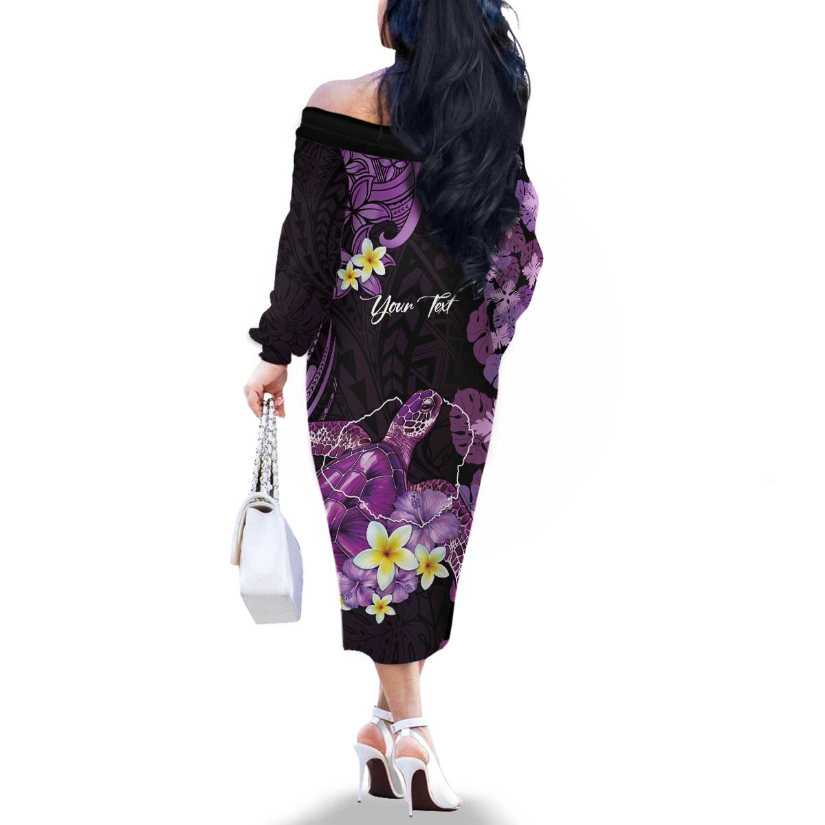 Personalised Aloha Hawaii Kauai Island Family Matching Off The Shoulder Long Sleeve Dress and Hawaiian Shirt Garden Isle Map Sea Turtle Plumeria