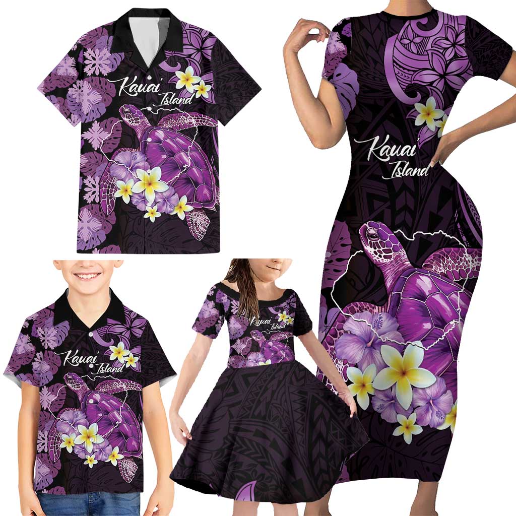 Personalised Aloha Hawaii Kauai Island Family Matching Short Sleeve Bodycon Dress and Hawaiian Shirt Garden Isle Map Sea Turtle Plumeria