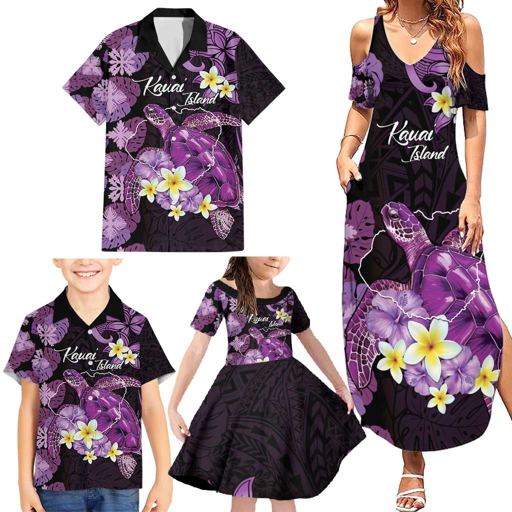 Personalised Aloha Hawaii Kauai Island Family Matching Summer Maxi Dress and Hawaiian Shirt Garden Isle Map Sea Turtle Plumeria