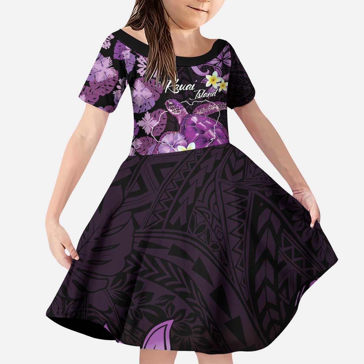 Personalised Aloha Hawaii Kauai Island Kid Short Sleeve Dress Garden Isle Map Sea Turtle Plumeria LT14 KID Purple - Polynesian Pride