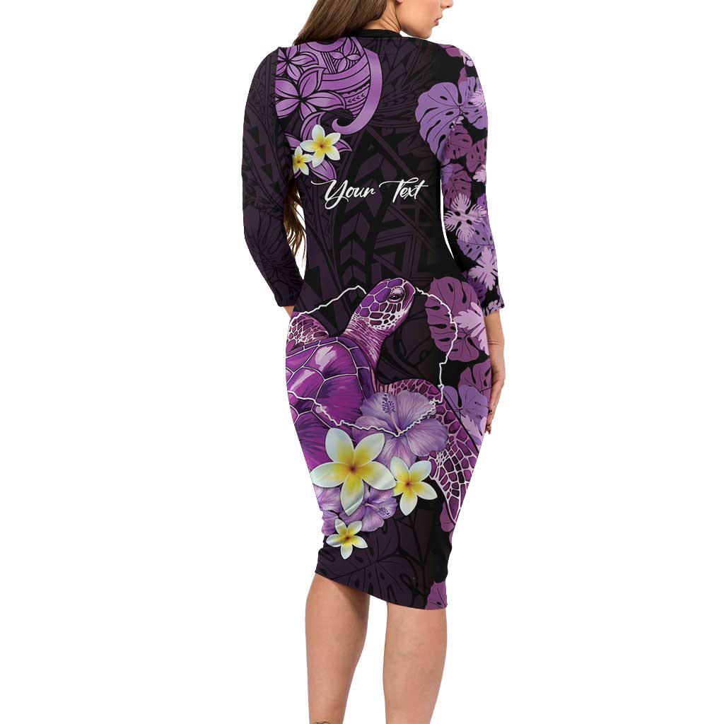 Personalised Aloha Hawaii Kauai Island Long Sleeve Bodycon Dress Garden Isle Map Sea Turtle Plumeria