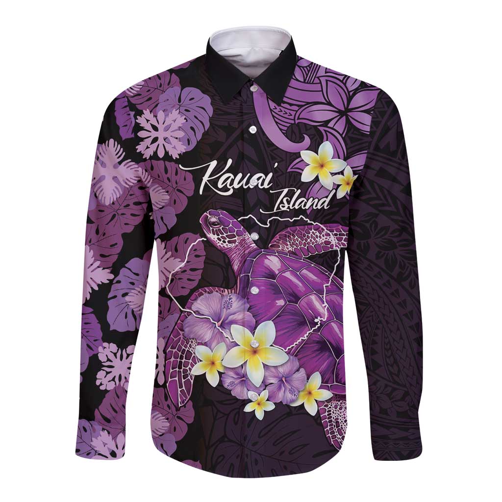 Personalised Aloha Hawaii Kauai Island Long Sleeve Button Shirt Garden Isle Map Sea Turtle Plumeria LT14 Unisex Purple - Polynesian Pride