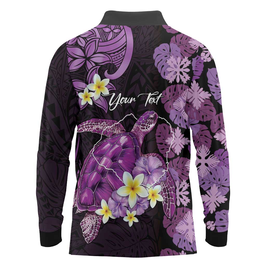 Personalised Aloha Hawaii Kauai Island Long Sleeve Polo Shirt Garden Isle Map Sea Turtle Plumeria