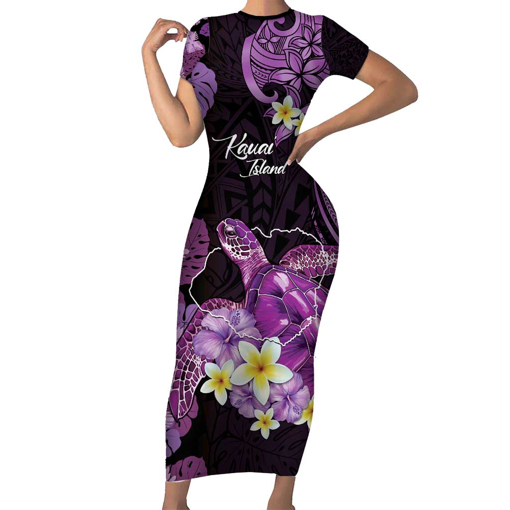 Personalised Aloha Hawaii Kauai Island Short Sleeve Bodycon Dress Garden Isle Map Sea Turtle Plumeria