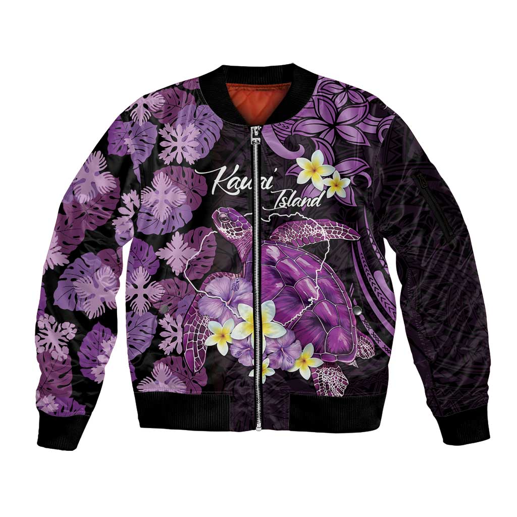 Personalised Aloha Hawaii Kauai Island Sleeve Zip Bomber Jacket Garden Isle Map Sea Turtle Plumeria