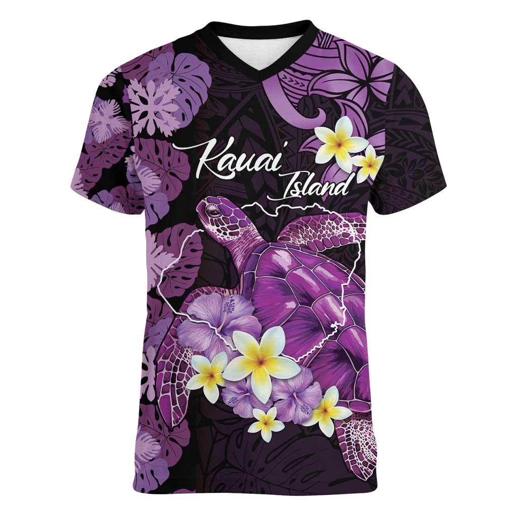 Personalised Aloha Hawaii Kauai Island Women V-Neck T-Shirt Garden Isle Map Sea Turtle Plumeria